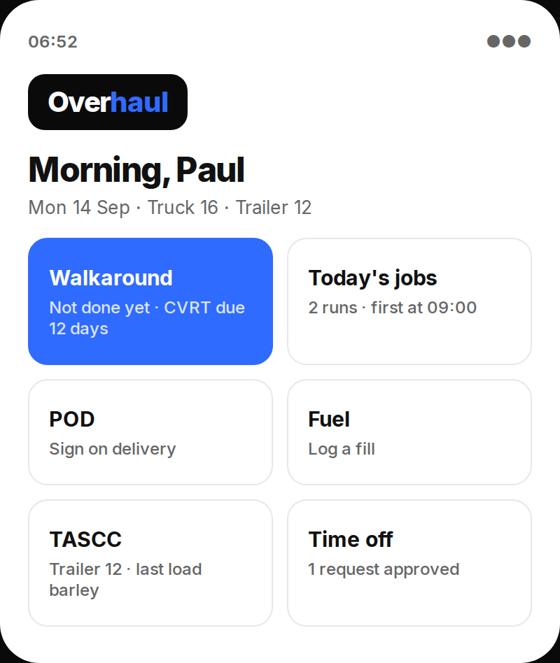 Overhaul on a driver's phone: walkaround, today's jobs, POD, fuel, TASCC and time off