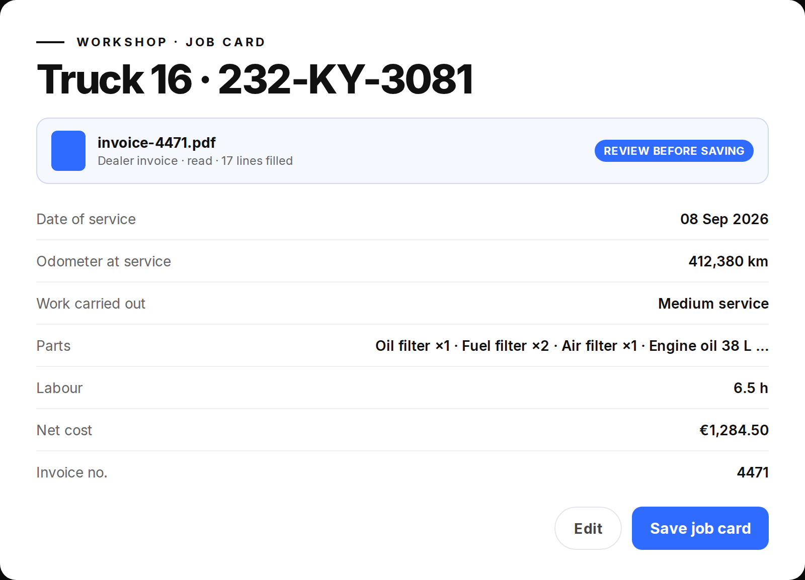 Overhaul job card filled from a dealer invoice PDF: date, odometer, work, parts, labour, cost and invoice number, marked review before saving