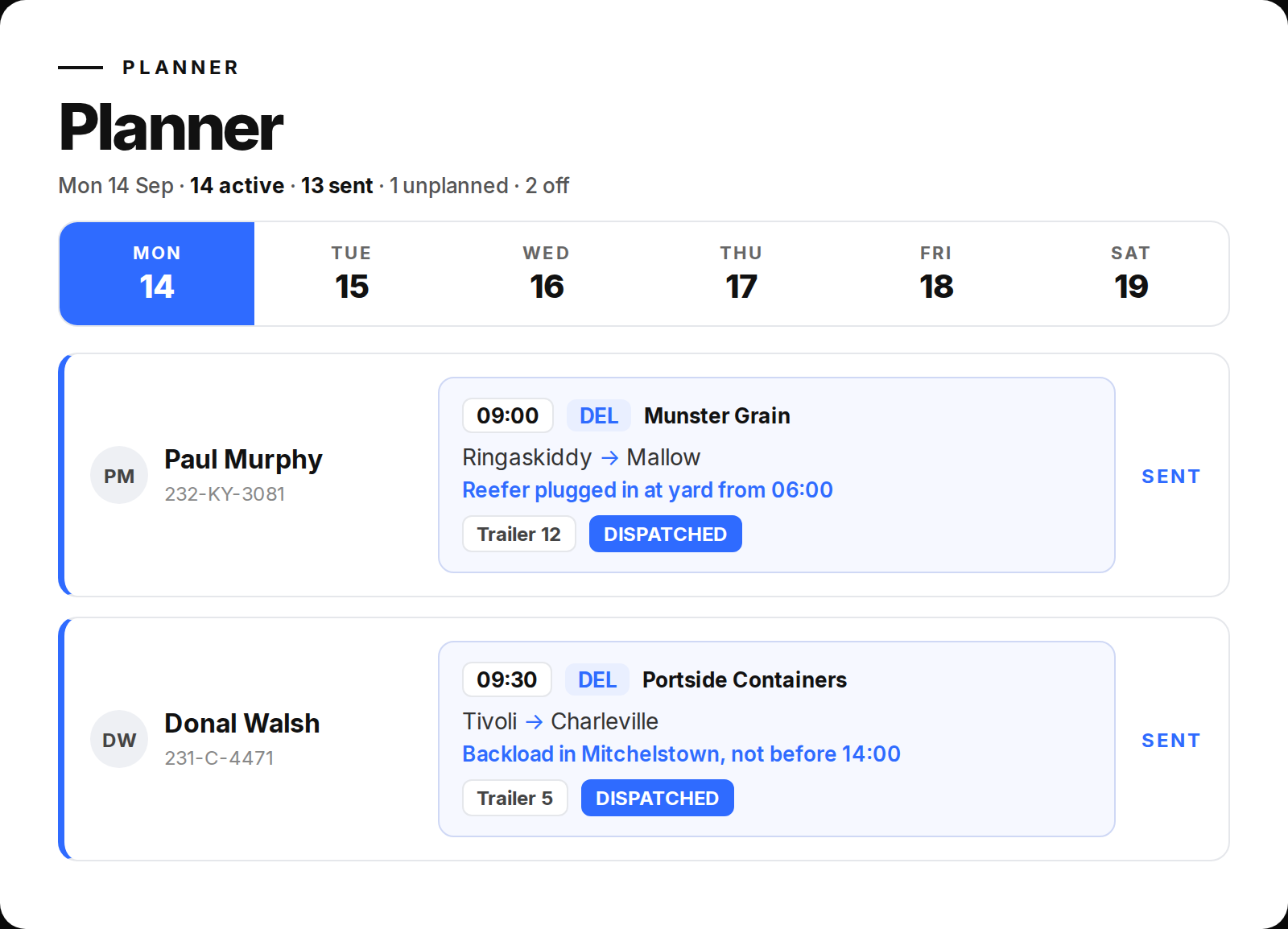 Overhaul planner: the week across the top, two driver rows with today's run, route, note, trailer and a dispatched tag