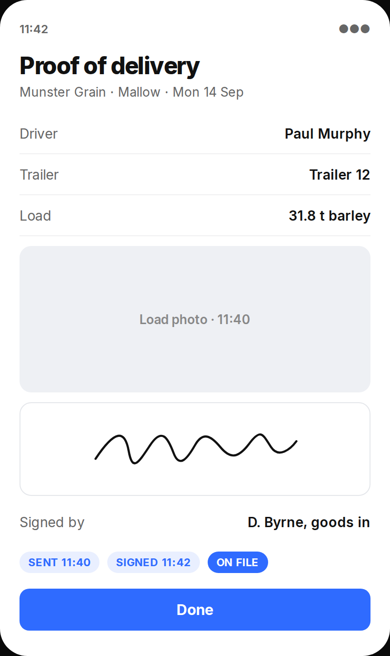 Overhaul proof of delivery on a phone: customer, driver, trailer, load, load photo, receiver's signature, and sent, signed and on-file tags