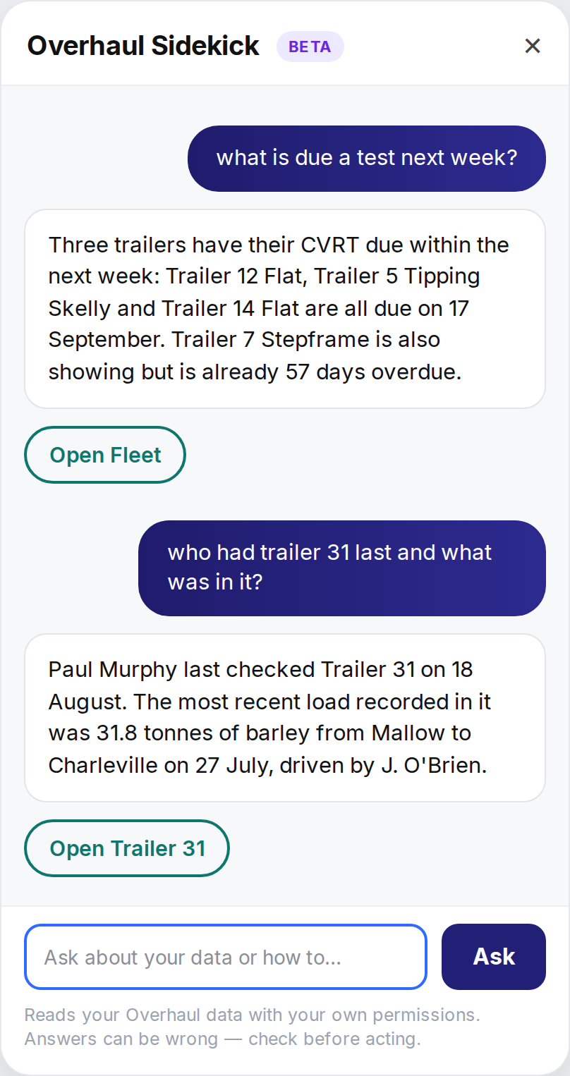 Overhaul Sidekick answering: what is due a test next week — three trailers with CVRT due on 17 September and one 57 days overdue, with an Open Fleet link; and who had trailer 31 last and what was in it — the driver, the date, 31.8 tonnes of barley, with an Open Trailer 31 link