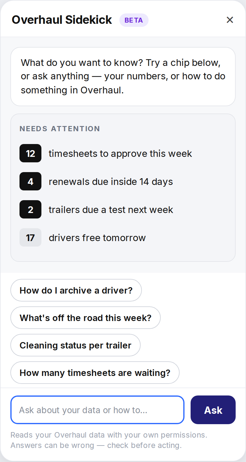 Overhaul Sidekick home panel: needs attention — 12 timesheets to approve this week, 4 renewals due inside 14 days, 2 trailers due a test next week, 17 drivers free tomorrow; suggested questions including how do I archive a driver and what's off the road this week