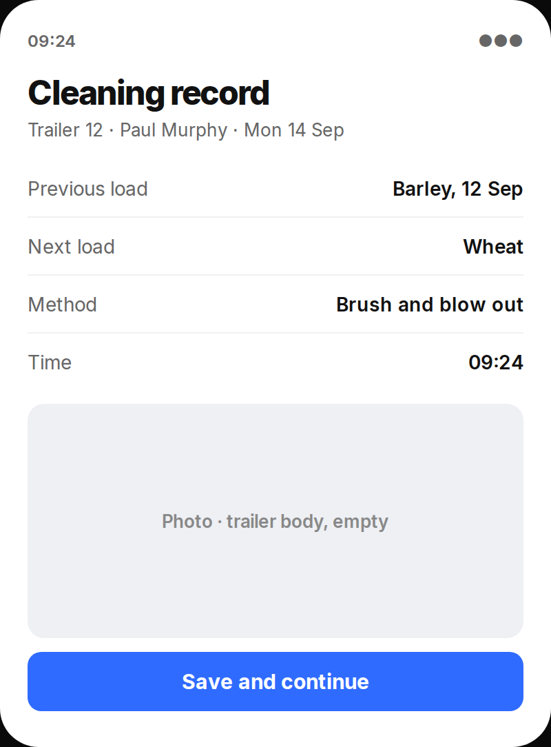 Overhaul TASCC cleaning record on a phone: previous load, next load, cleaning method, time and a photo of the empty trailer