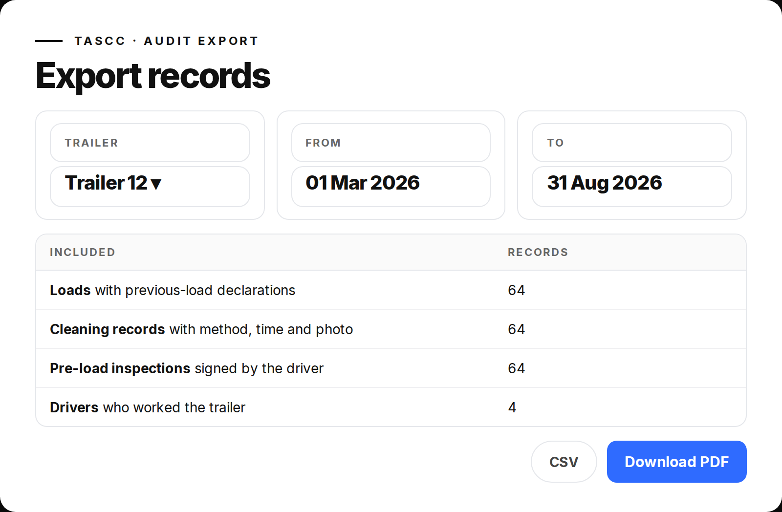 Overhaul TASCC audit export: one trailer over a six-month range, counts of loads, cleaning records, inspections and drivers, download as PDF or CSV