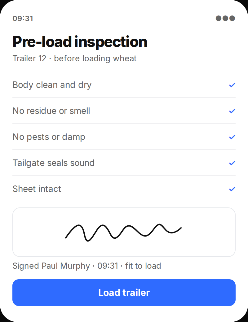 Overhaul TASCC pre-load inspection on a phone: five checks passed, signed by the driver, fit to load